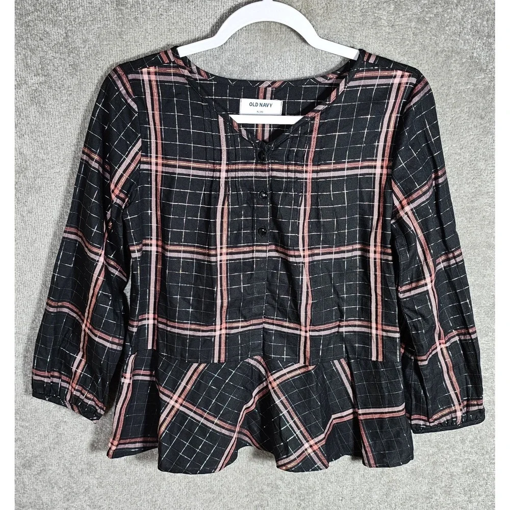 Old Navy Top Girls Size XL 14 Black Plaid Metallic Ruffle Peplum Hem Lightweight